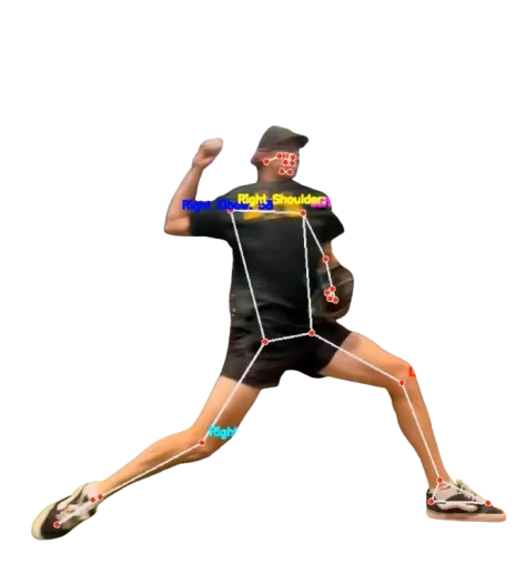 Mechanical assessment showing body-position lines drawn over a pitcher's delivery