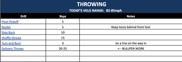 Example daily throwing plan listing drills, reps and notes